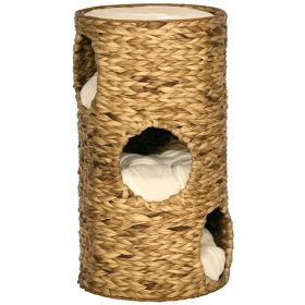Elevated Cat Bed with Three Hideaways & Four Soft Plush Cushions, Cat Tower with Hand-Woven Materials, Multi-Layer Raised Kitten Bed Caves (Color: Brown, size: 420x420x750 mm)