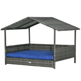 Wicker Dog House with Removable Cushion Lounge, Dark Blue (Color: Blue, size: 820x200x700 mm)