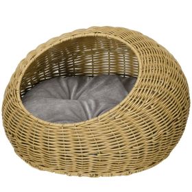 Rattan Cat Bed with Washable Cushion for Cats, Puppies, Light Brown (Color: Brown, size: 510x510x340 mm)