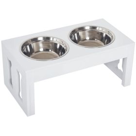 23" Modern Decorative Raised Dog Bowls, Wooden Heavy Duty Pet Food and Water Bowl, Elevated Feeding Station, White (Color: White, size: 655x365x165 mm)