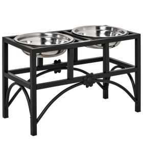 17" Double Stainless Steel Heavy Duty Dog Food Bowl Elevated Pet Feeding Station (Color: Black, size: 450x225x285 mm)