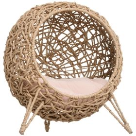 20.5" Weaved Cat Bed, Elevated Hand-woven Braided Banana Leaf Kitten House Condo with Cushion, Beige (Color: Beige, size: 540x460x590 mm)