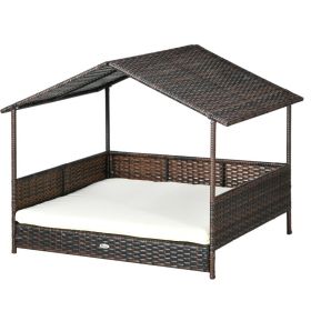 Outdoor Dog Bed with Canopy, Rattan Dog Bed with Soft Cushion Removable Cover for Medium and Large Dogs, Cream White (Color: Cream White, size: 1020x200x845 mm)