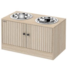 Elevated Dog Bowls with Storage Cabinet,  2 Stainless Steel Bowls, Slow Feeder, Dog Feeding Station for Large Dogs, Oak (Color: Oak, size: 710x435x150 mm)