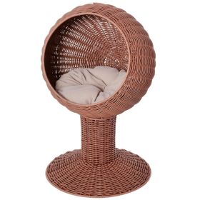 Elevated Cat Bed with Rotatable Egg Chair Pod, Cat Basket Bed with Thick Cushion, Natural Mat Grass Woven Kitty House, Brown (Color: Brown, size: 450x430x440 mm)