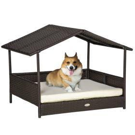 Wicker Dog House Outdoor with Canopy, Rattan Dog Bed with Water-resistant Cushion, Raised Dog Bed for Small, Medium Dogs up to 66 lbs, 19.75" in (Color: Cream White, size: 830x175x690 mm)