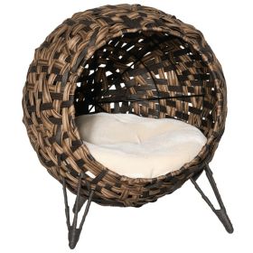 20.5" Weaved Cat Bed, Elevated Hand-woven Braided Banana Leaf Kitten House Condo with Cushion, Brown (Color: Brown, size: 540x460x590 mm)