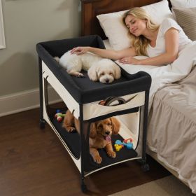Elevated Lounge Pet Bed, Foldable Bunk Dog Bed With 600D Oxford Cloth And Dutch Velvet, Portable Raised Cot With Wheels, Side Storage Bags, And C (Color: Beige)