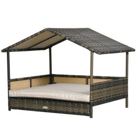 Wicker Dog House with Removable Cushion Lounge, Khaki (Color: Khaki, size: 820x200x700 mm)